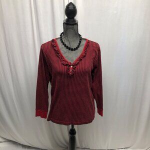 Chaps Womens Top Sz 1X Red Black Houndstooth Long Sleeve Ruffled V-Neck Pullover
